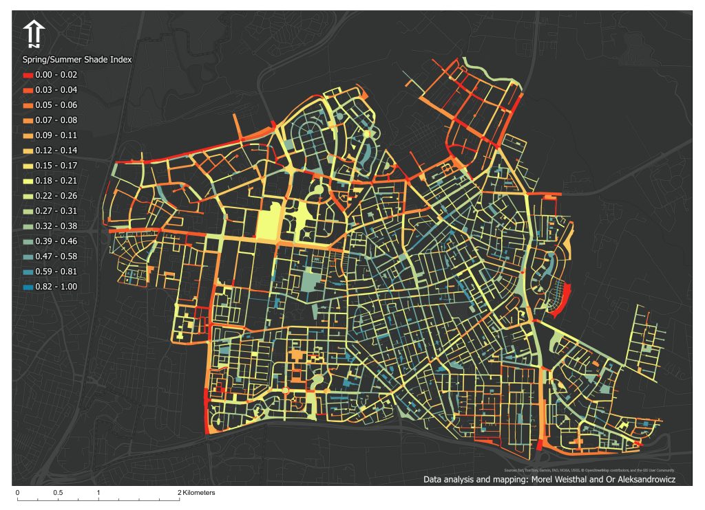 Shade map of the city of Petah Tikva